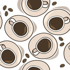 Seamless pattern with cups of coffee, coffee beans, hand drawn overlapping backdrop. Colorful background vector. Set of cups. Decorative wallpaper, good for printing
