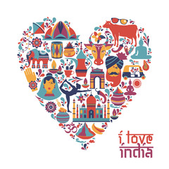 India set Asia country vector Indian architecture Asian traditions buddhism travel isolated icons and symbols in heart.