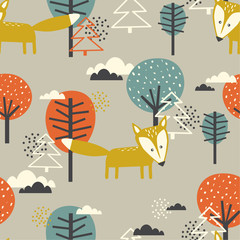 Foxes, fir trees and trees, hand drawn backdrop. Colorful seamless pattern with animals. Decorative cute wallpaper, good for printing. Overlapping background vector. Design illustration - 318821334