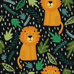 Lions, leaves, hand drawn backdrop. Colorful seamless pattern with animals. Decorative cute wallpaper, good for printing. Overlapping background vector. Design illustration