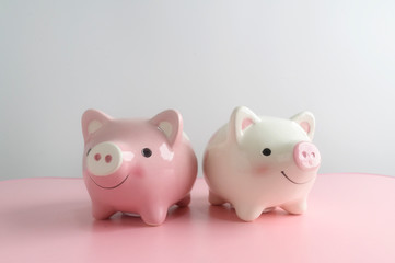 Two piggy bank on pink table with white background. A saving money for future investment concept.