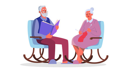 Grandfather reading a book. Old lady knitting in the armchait.