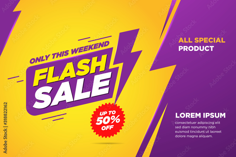 Wall mural flash sale discount banner template promotion. lightning icon text yellow and purple background. vec