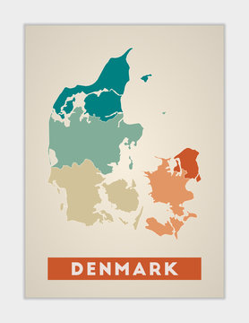 Denmark poster. Map of the country with colorful regions. Shape of Denmark with country name. Attractive vector illustration.