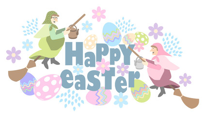 Easter Greetings decorated with scandinavian Easter Witches flying on broomsticks to Blockula (Blåkulla), and painted eggs