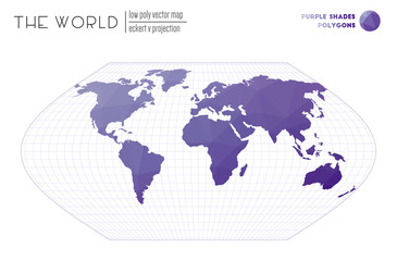 Fototapeta na wymiar Polygonal map of the world. Eckert V projection of the world. Purple Shades colored polygons. Trending vector illustration.