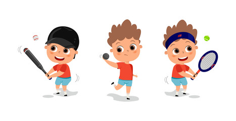 Kids playing various sports vector illustration. happy cute kid teen play baseball tennis trowing. Sport games. Competition. 
