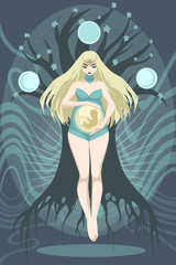 Symbolic fantasy esoteric illustration of a beautiful young pregnant woman levitating on the background of an ancient magic tree