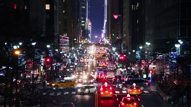 Heavy Night Traffic in New York City. Fast Motion