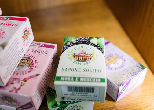 Rome, Italy - Jan 3, 2020: Souvenirs  are sold in a shop in the Vatican museum.