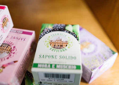Rome, Italy - Jan 3, 2020: Souvenirs  are sold in a shop in the Vatican museum.