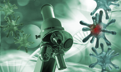 Microscope and аbstract image of coronaviruses on the background of a stylized image of a DNA chain. 3d illustration