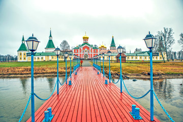 View from the pier to the Valdai Iversky Monastery. Novgorod region. Valdai district. Selvitsky...