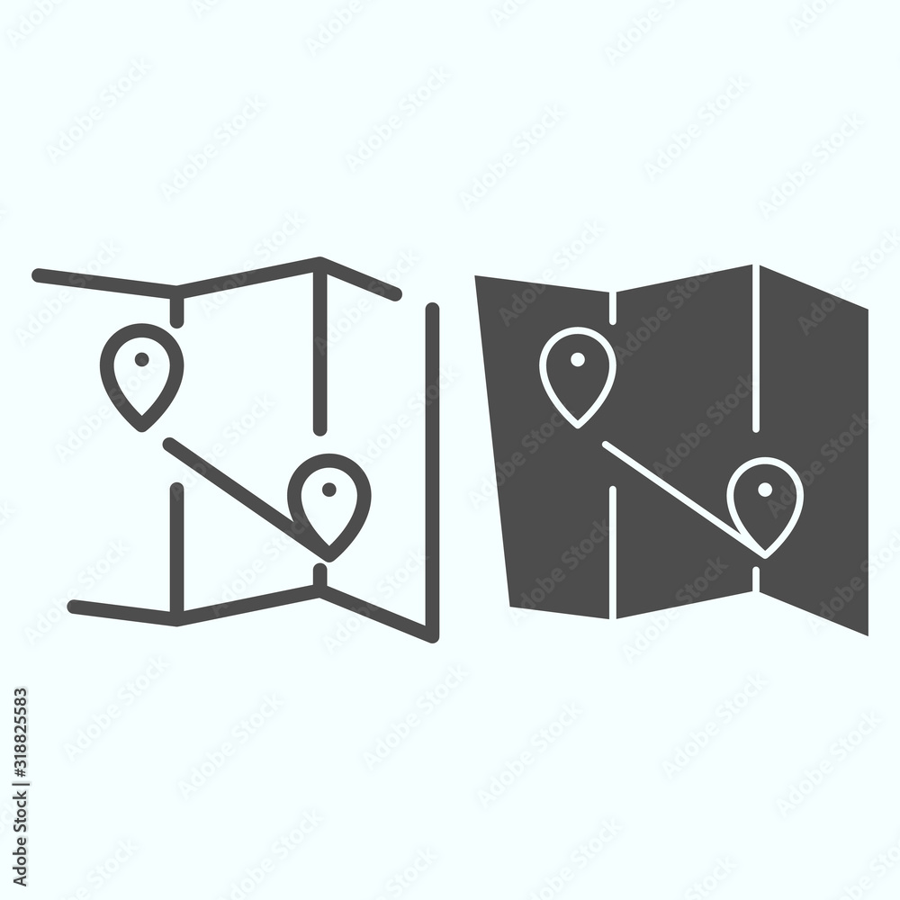 Poster map line and solid icon. atlas with two pointers vector illustration isolated on white. world map wi