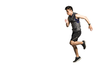 Portrait of an asian sport man wearing sportwear and sport watch for running. Isolated full length on white background with copy space