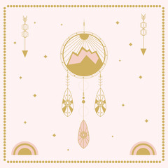 Dream catcher vector hand drawn illustration with ornaments elements mountain, sun, feathers, arrows. Vector trendy illustration.