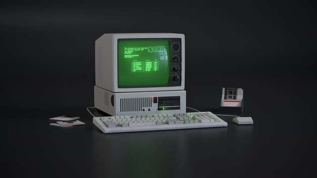 Animation of fictional old computer with fictional retro looking UI. 