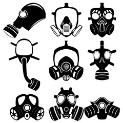 Military and civilian gas masks. Icons of the epidemic. Chemical and bio-defense.
