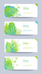 Set of spring themed banners with copy space for text. Seasonal announcement or promotional templates for web, graphic design, advertising, social media, labels or stickers. Modern flat style vector