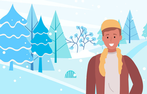 Person stand on snowdrift and smile. Man walking on in winter forest alone. Guy dressed in warm clothes like hat and overcoat. Beautiful landscape with snowy trees. Vector illustration in flat style