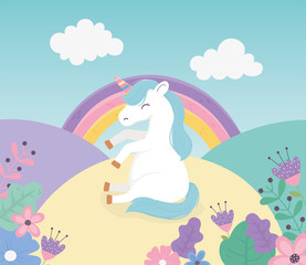 unicorn sitting in the flowers rainbow magical fantasy cute cartoon