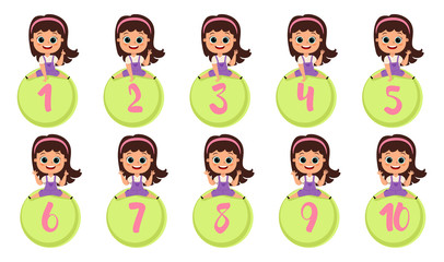 happy kid sits number vector illustration. Cartoon kids with 12345 numbers. Finger count. Maths