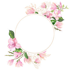 Round golden frame with pink magnolia flowers. Scrapbooking, greeting card, clipart, congratulations, save the date, wedding invitations
