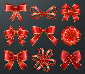 Set of red bows made from ribbons isolated on black background. Sample of knots for decoration gift boxes for holiday. Wrapping packages for party celebration. Vector gift bow illustration