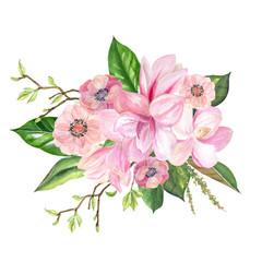 finished image of a bouquet of pink Magnolia flowers on a white background, watercolor