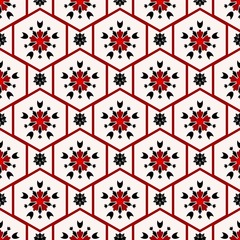 Pink red black abstract flower vector seamless pattern collection. Geometric tiles in antique style.