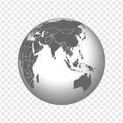 Globe of Earth with borders of all countries. 3d icon Globe in gray on transparent background. High quality world map in gray.  Asia, Australia, Oceania. Vector illustration. EPS10. 