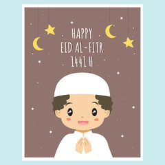 Happy Eid Mubarak 1441 H greeting card, happy little muslim boy cartoon vector. Printable Eid Al-Fitr card with hanging moon and stars decoration vector