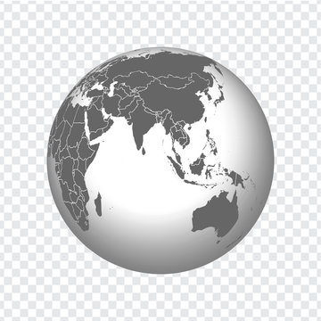 Globe of Earth with borders of all countries. 3d icon Globe in gray on transparent background. High quality world map in gray.  Asia, Australia, Oceania. Vector illustration. EPS10. 