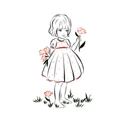 little girl in dress holding flower. cute hand drawn vector illustration for print in book, poster, card, children's decoration element. 