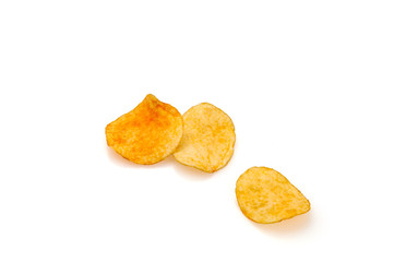 Potato chips on a white background.