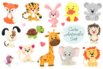 Cute set of animals. Vector animal isolates in cartoon flat style. White background.