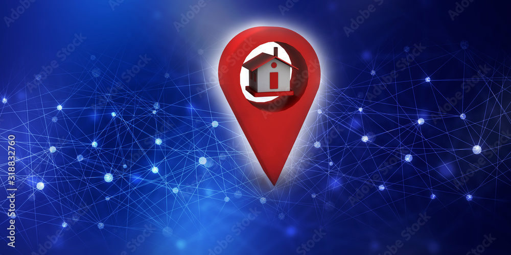 Poster 3d illustration search for property.a map with large red gps pointer containing