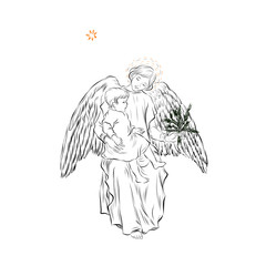 angel gives a branch to a child sitting on his lap