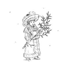 girl in vintage winter clothes, clutch, fur coat and hat holds a fir branch. winter season. 