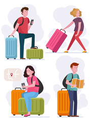 Young people travel with luggage set