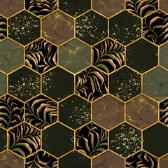 Marble hexagon seamless texture with gold. Tropical plants background