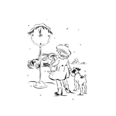 girl with a dog are standing outside in the winter at the clock on which the chimes strike midnight