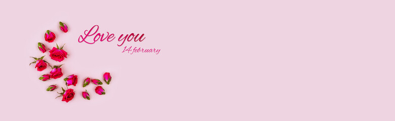 Valentine's, anniversary web banner with red roses and text on pink background. Flat lay, top view, copy space.