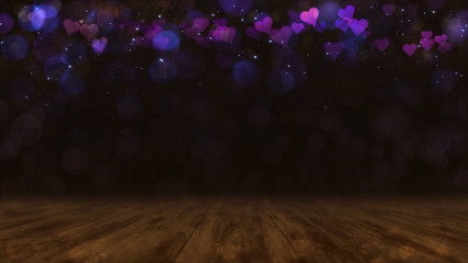 Wooden dark brown deck with blurred bokeh and purple hearts in the air. Love background 3D...