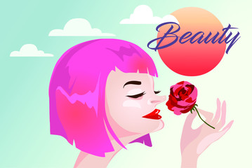 The girl holds in her hand tenderly rose Smelling vector image