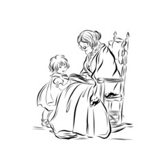 grandmother reads a book to granddaughter. Graphic artistic vector art for vintage decoration, print, card, children's illustration for book