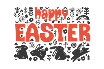 happy Easter. Black and white greeting card. Folk style.