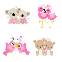Cute animals couples in love collection.  Vector illustration.
