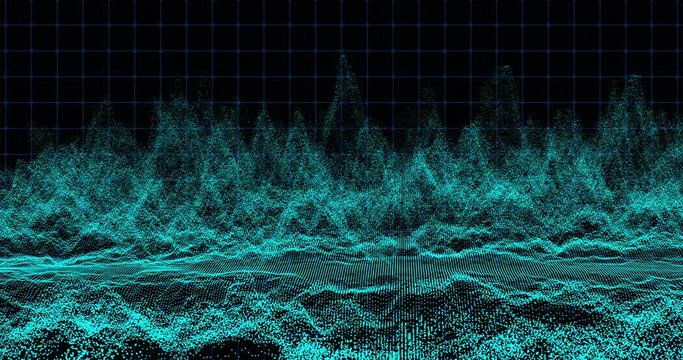 4K Abstract dark table grid background with moving loop and flicker particles.Motion graphic Backdrop of ball dot Animation of seamless.Digital blue-green color wave light loopable.footage video.