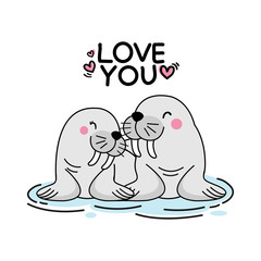 Valentines day greeting card. Cute couple seal hand drawn cartoon animal character.